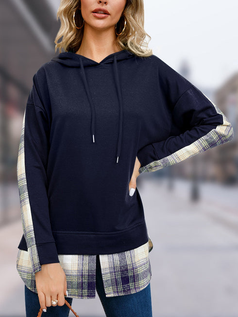 'Lireal' Split Colour Plaid Long Sleeve Hoodie - Celes Fashion